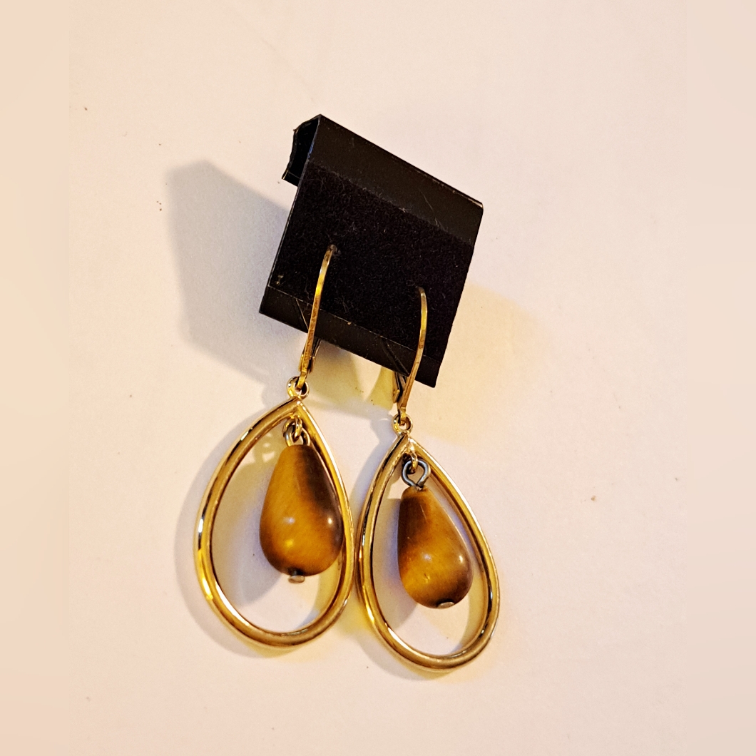 Chic Gold Teardrop Earrings With Tiger Eye Brown Accents